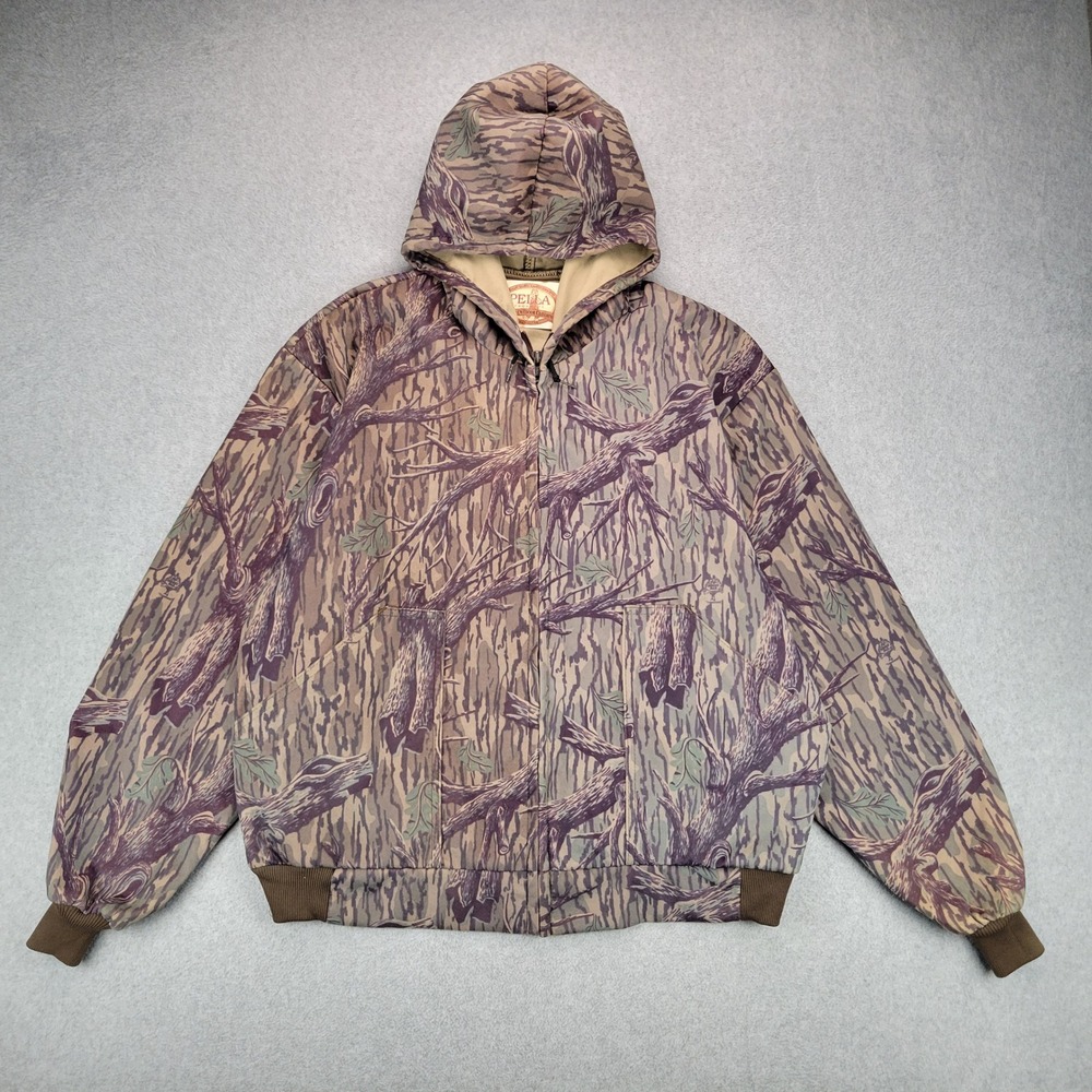 Pella Products Hooded Jacket Mens XL Brown Tree Bark Camo Full Zip Mossy OAK USA